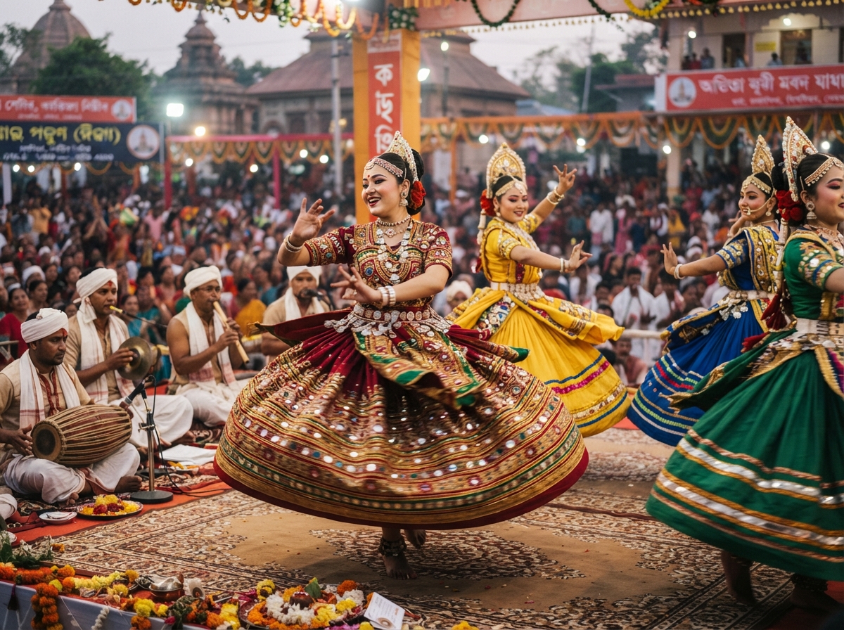 Traditional Manipuri cultural festival with dancers in colorful ethnic attire